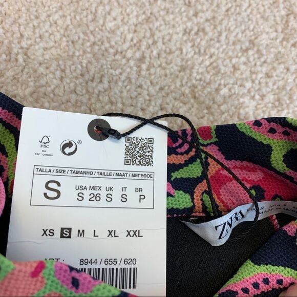 Zara pink printed multicoloured high collar short sleeve mini dress size S NWT - Picture 6 of 10